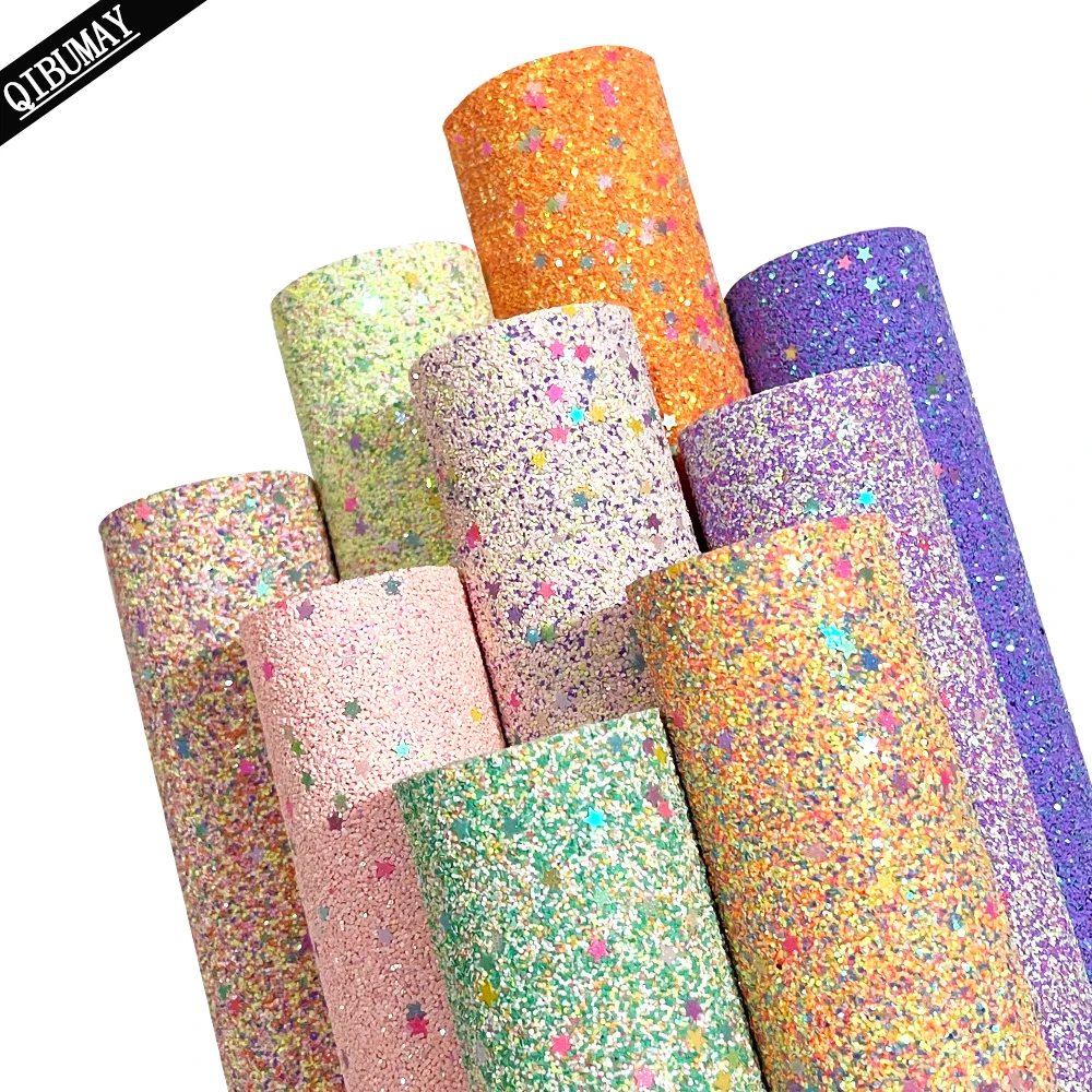 QIBU 22*30cm Colorful Chunky Glitter Fabric Bright Sequin Faux Leather Sheets for Crafts Bags Earring DIY Hairbow Accessories