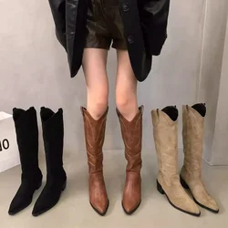 Woman Cowgirl Boots Fashion Slip On Ladies Elegant Square Low Heel Knee High Boots Shoes Women's Winter Footwear