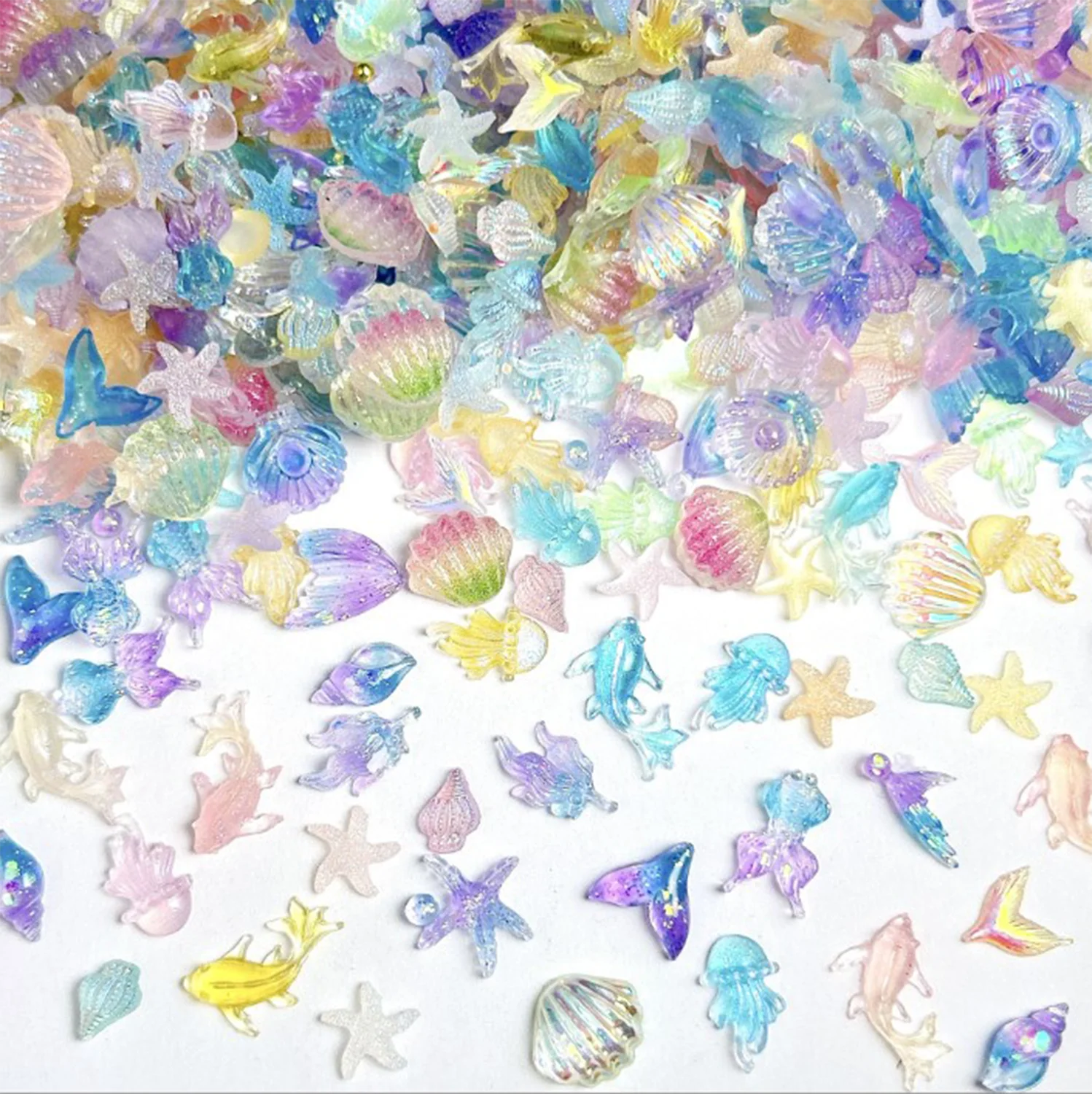 50/100 Uds. Crea cuentas de uñas de concha simuladas 3D, medusas translúcidas de colores, serie de diseño marino, decoración de resina artística para uñas DIY