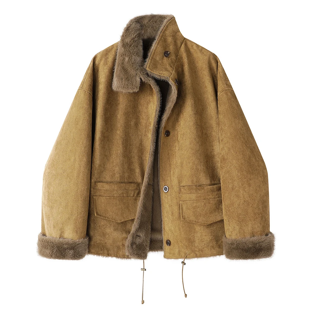 Women Reversible Faux Suede Jacket Fleece Lined Thick Winter Coat Oversized Drawstring Hem Outerwear