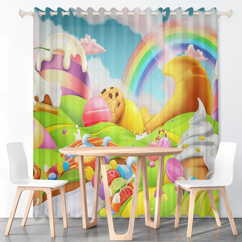 Kids Cartoon Candy House Donut Curtain Gourmet Prairie Background Thin Polyester Fabric Kitchen Living Room Decoration with Hook