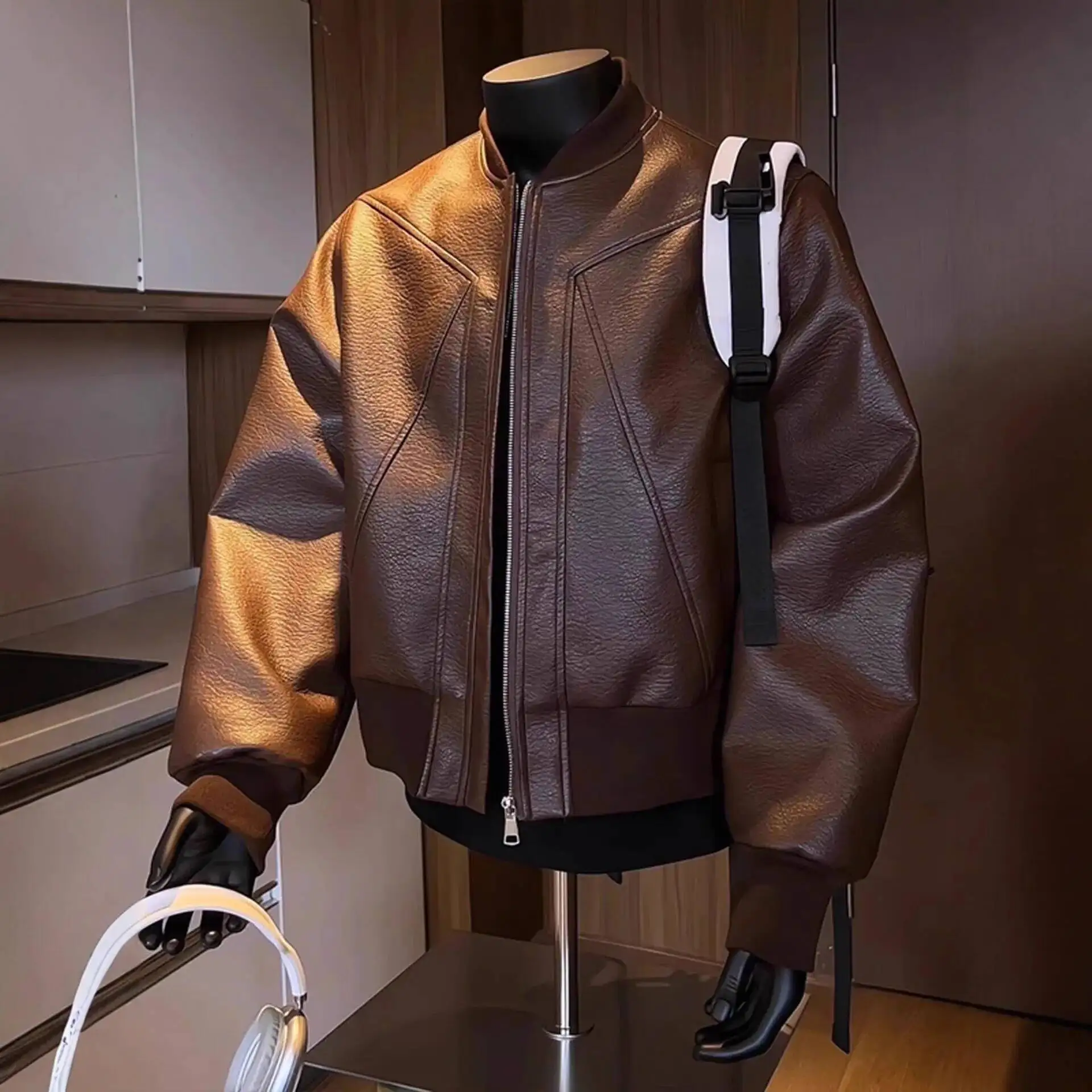 Men Coats Faux Leather Jackets Turn Down Collar Pu Coat Work Streetwear Jacket Zipper Outerwear Casual Regular 2026 Autumn