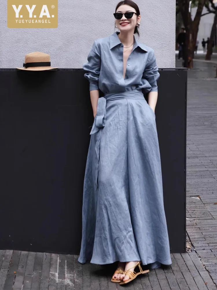 

Top Quality Women Summer Spring Linen Long Sleeve Sets Lace Up Loose Full Length Skirt Outfits Turndown Collar Fashion Match Set
