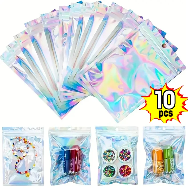 10pcs Package In Bulk Holographic Laser Zip Lock Bag Necklace Storage Custom Brand Logo Sticker Wholesale Idea Gift Storage Bag