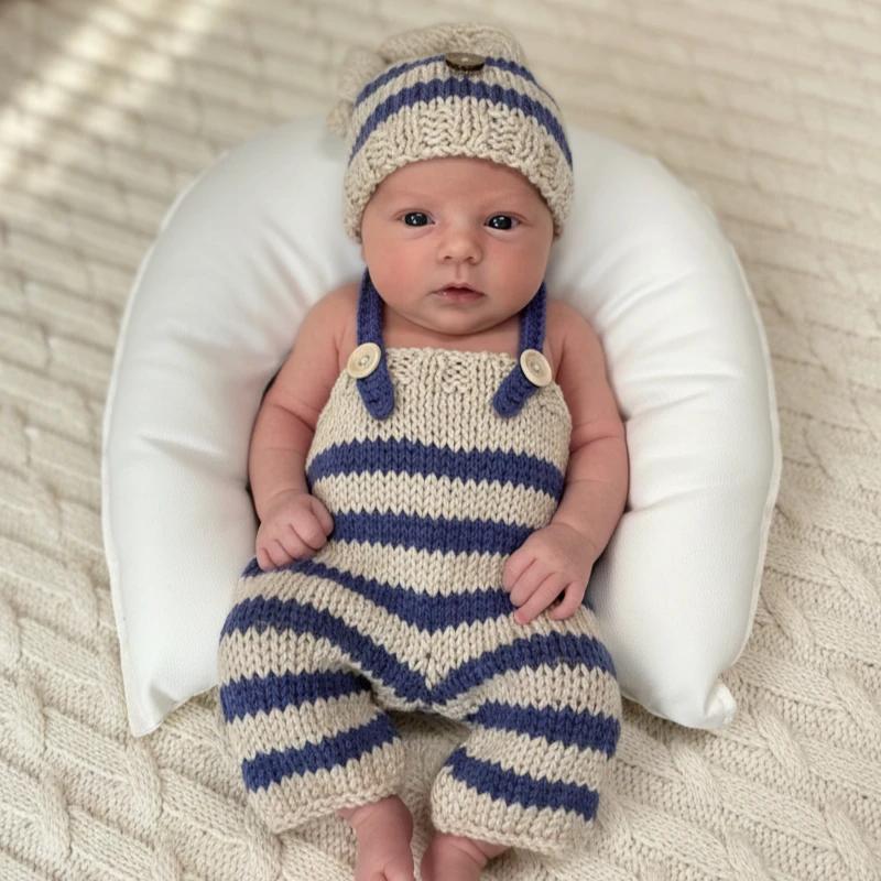 طفل صور زي الملابس الوليد بنات بنين التصوير الدعامة الكروشيه حك عموما مريلة السراويل قبعة 2 قطعة مجموعات مخطط وتتسابق #1