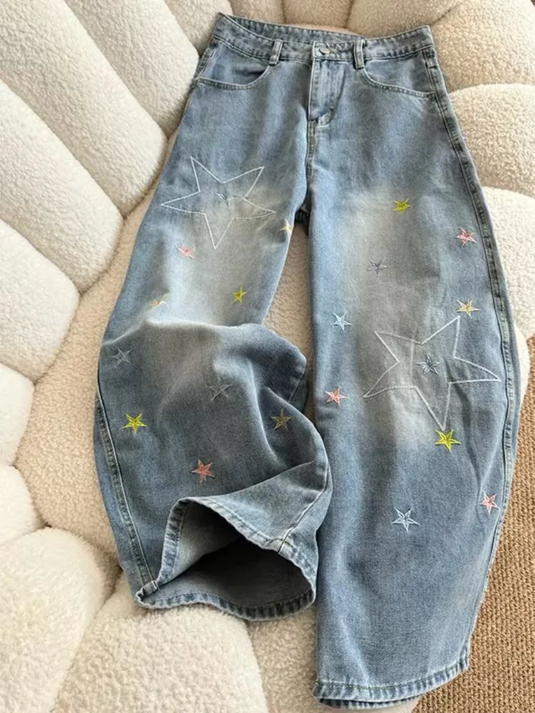

Retro ne Star Embroidery Wide Leg Jeans Women Loose Casual Pants Spring Season High Waist Zipper ket Denim Fabric