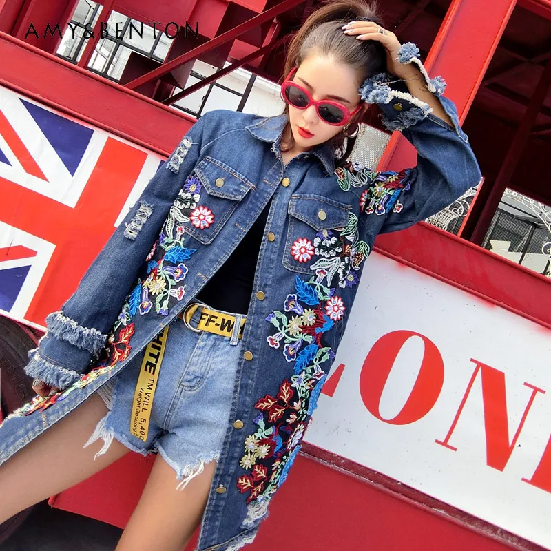 

European Goods High-Grade Machine Embroidery Denim Jacket Women Fashion Street Temperament Mid-Length Loose Casual Chic Jackets