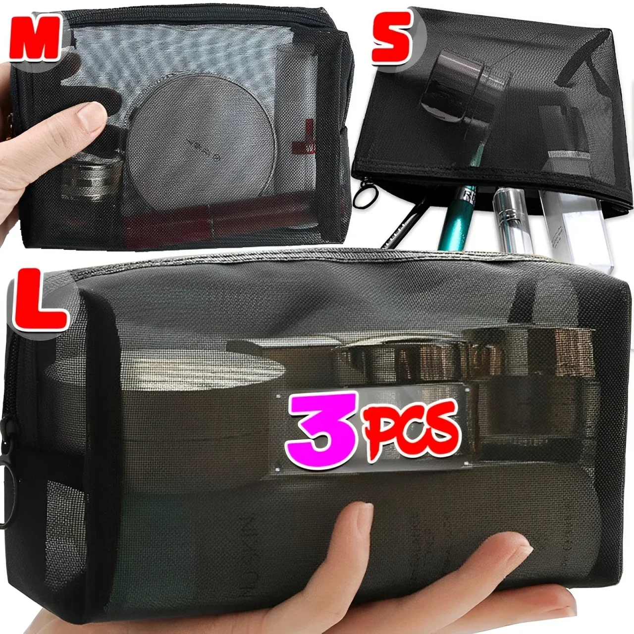 Bolsa de cosméticos transparente de malla portátil, estuche de maquillaje para mujer, organizador de maquillaje con cremallera de viaje, neceser de lavado, bolsa de almacenamiento de belleza