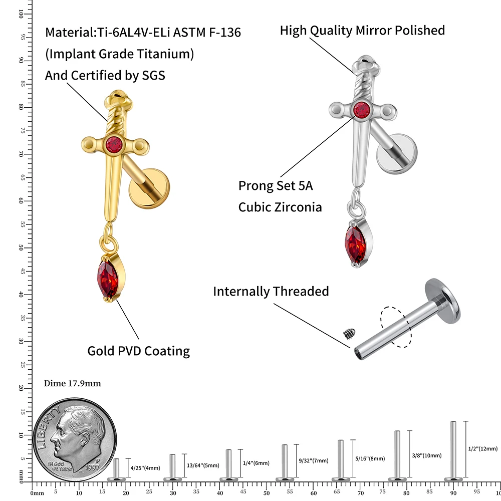 Right Grand ASTM F136 Titanium 16G Marquise CZ Dangle Dagger Flat