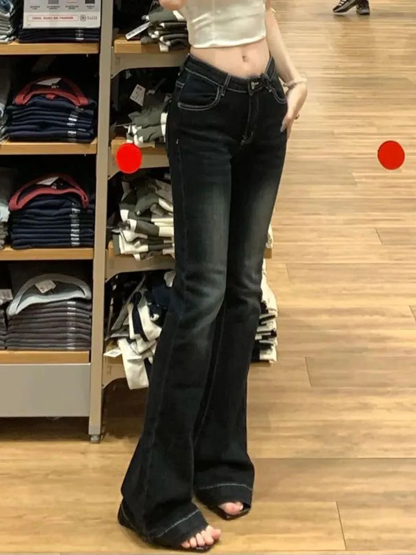 Retro American Style Bell Bottom Jeans Women's Slimming Straight Leg Ankle Length Pure Color Denim Casual Trousers