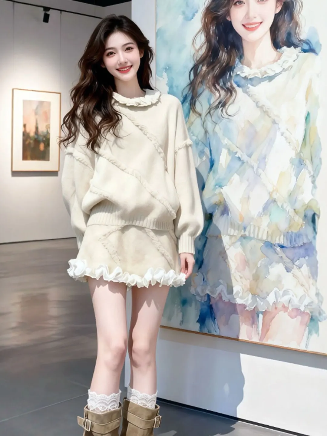 

Комплект из вязаного свитера и юбки в корейском стиле, весенний модный комплект из двух предметов, удобный, дышащий, повседневный наряд для женщин