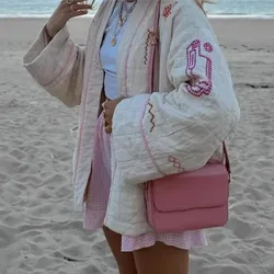Ethnic Women Embroidery Apricot Quilting Coat Oversized Outerwear Autumn Winter Lapel Quilted Kimono Jacket