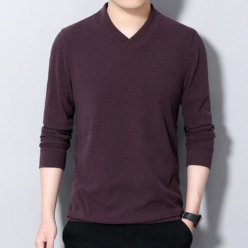 

New Autumn Winter Men T-shirt Men New Casual Soft Thick Long Sleeved V-neck Tshirt Solid Color Slim Fit Men Clothing