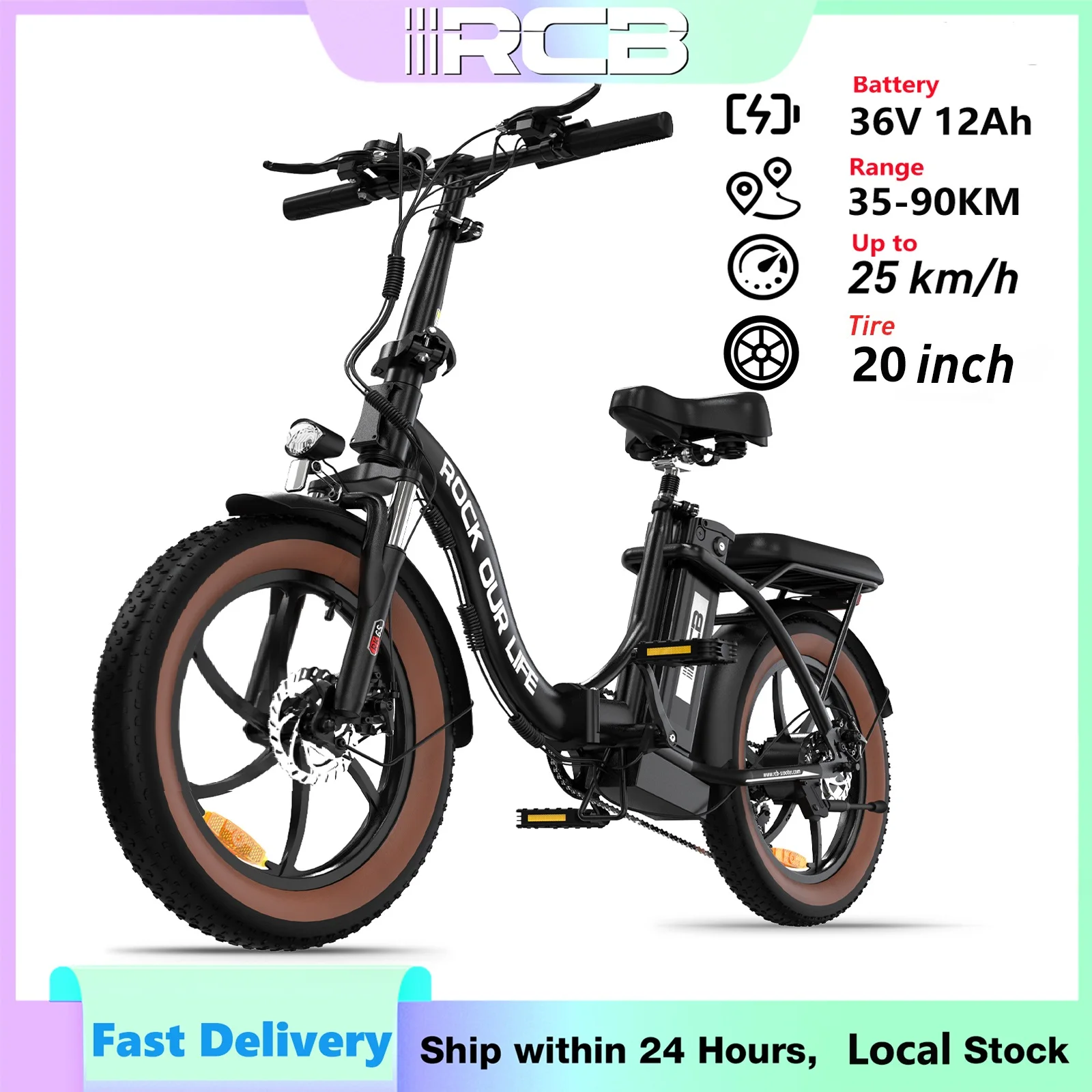 RCB RK6S Electric Bicycle, 20 Inch Folding Electric Urban Bike, 250W Fatbike, 36V/12AH Battery, Unisex Adult ebike. 7-speed