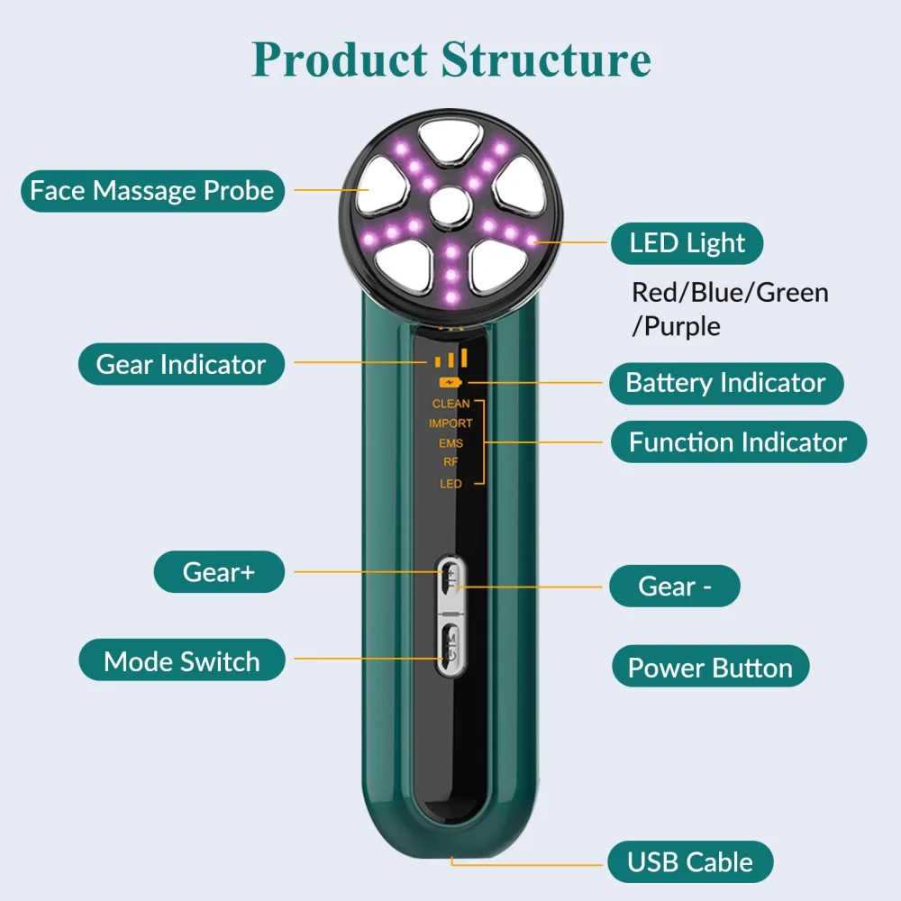 LED RF Microcurrent Ionic Pore Cleanser Facial Device Home SPA Face Lifting Collagen Boost Skin Firming Anti Aging Beauty Tool