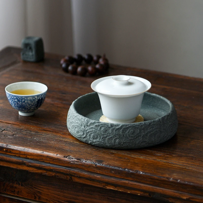 

Tea Saucers Tea Tray Round Shape Natural StonePlate Teapot Holder Teaware Volcanics Rock KungFu Home Decoration Table Accessorie