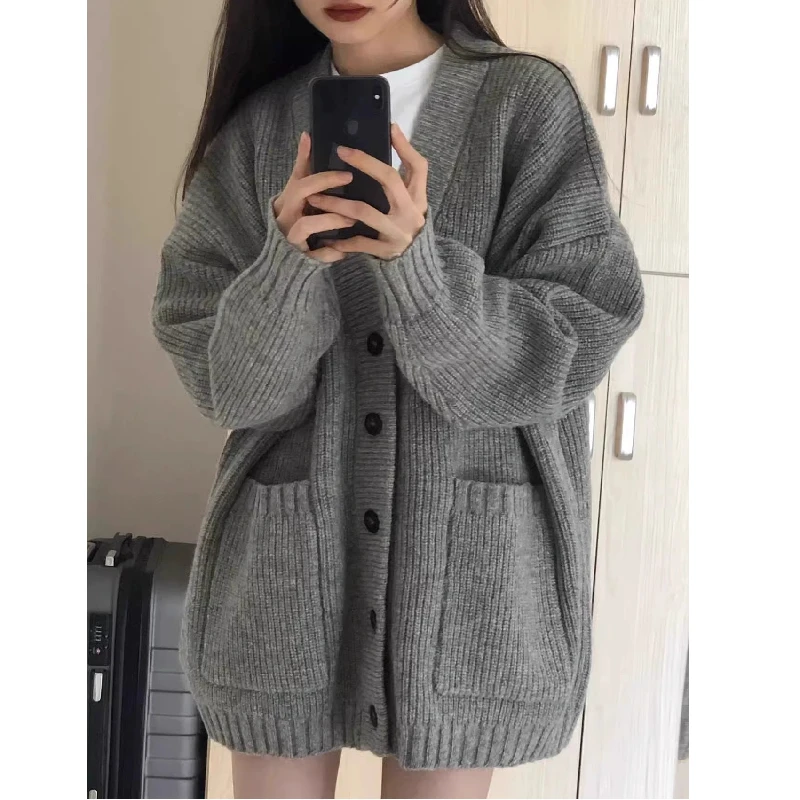 Cardigan aperto V-Ne senza palloncino Maglione lavorato a maglia lungo Sve per donna Autunno Inverno Vestibilità regolare Pezzo singolo Faion