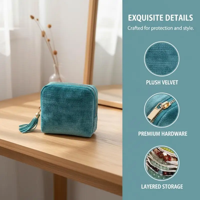 Jewelry Storage Bag Travel Velvet Organizer with Tassel Pendant Zipper Case for Rings Earrings Compact DesignHot