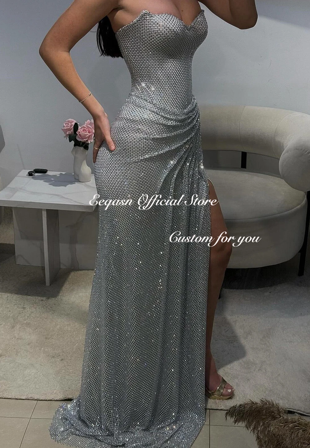 Customized Strapless Glitter Prom Dresses Side Split Sleeveless vestidos de noiva Floor-Length Formal Evening Gown Mermaid image 2