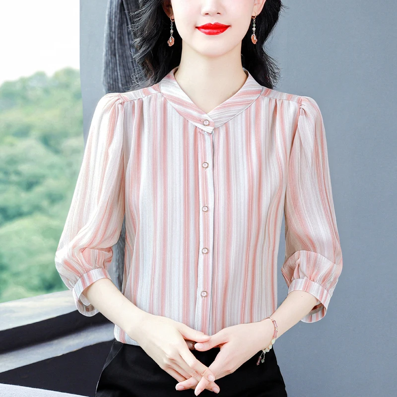 

Faionable Striped irt Stand Collar Seven Quarter Sve Guangzhou Thirteenth Fac Women's Clothing Summer New Arrival