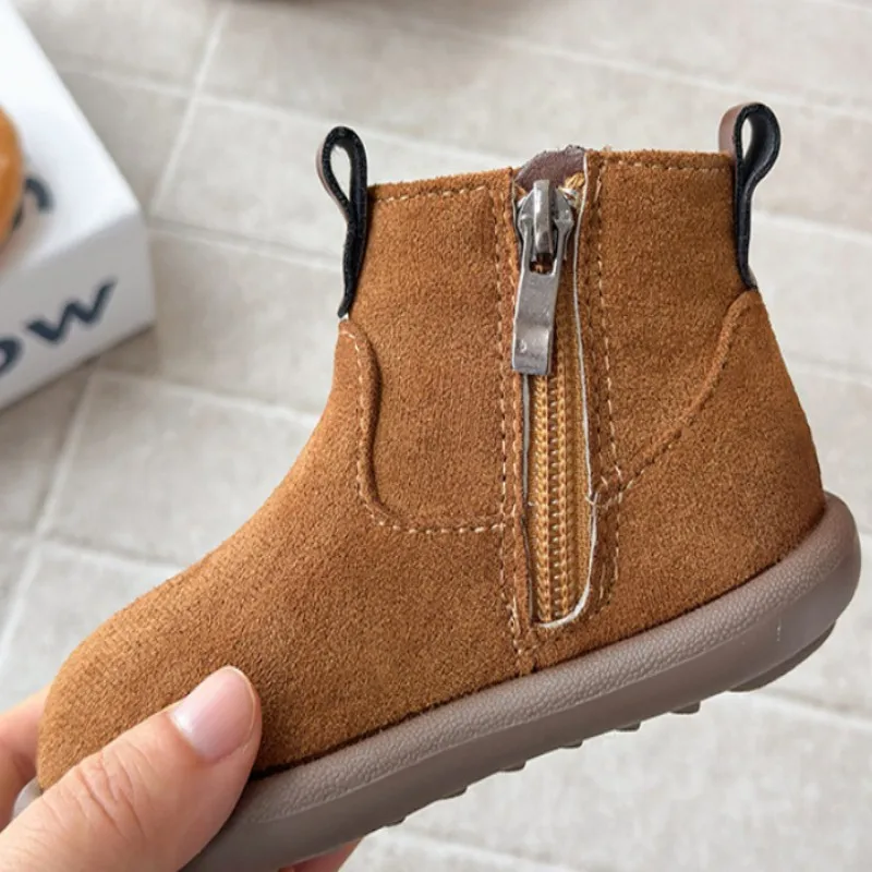 

Autumn Winter Girls Boys Warm Casual Cotton Velvet Short Boots Kids Purple Frosted Leather Horse Boots Size 21-30