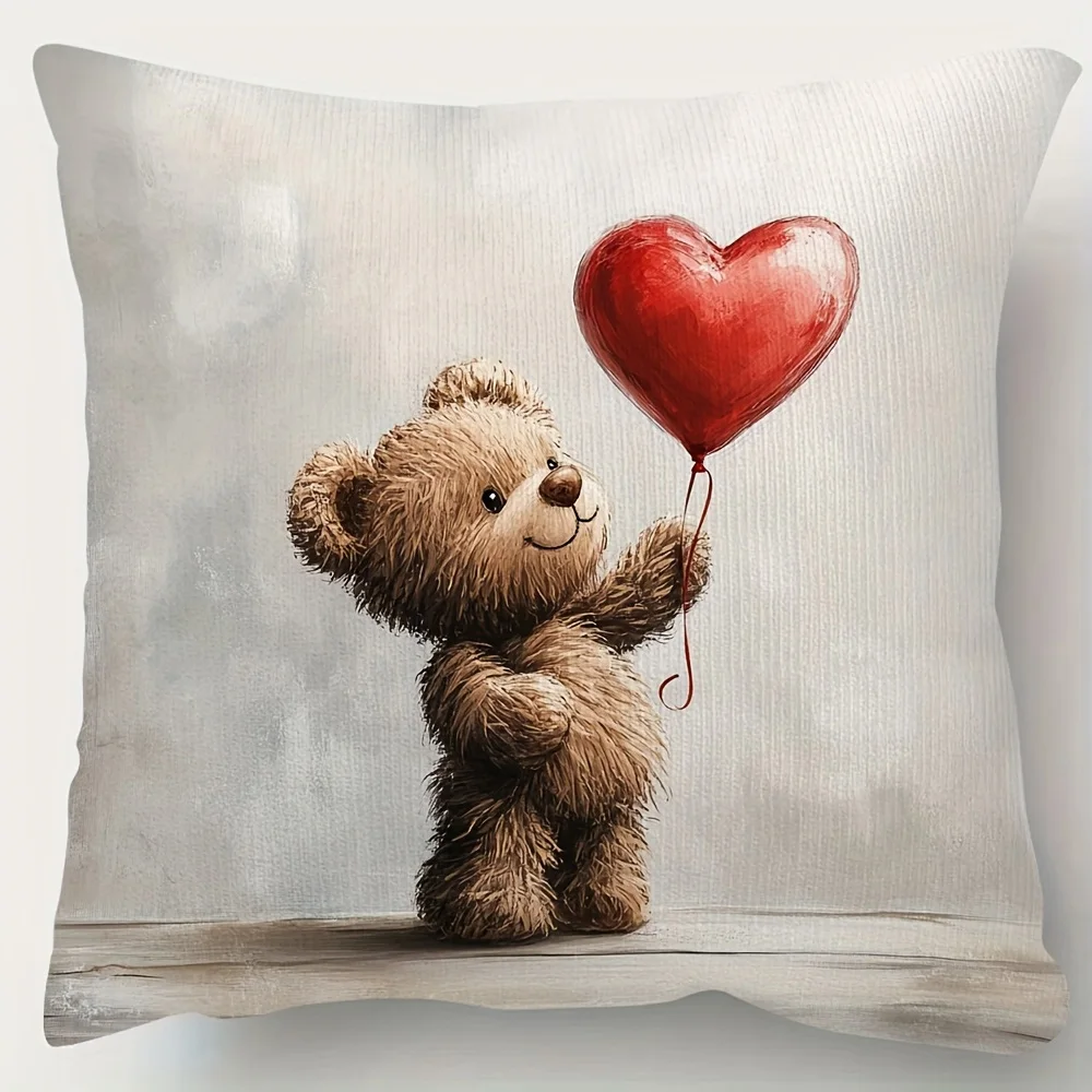 1pc Cute Teddy Bear Heart Balloon Throw Pillow Cover Romantic Valentine's Day Home Decor Cushion Case