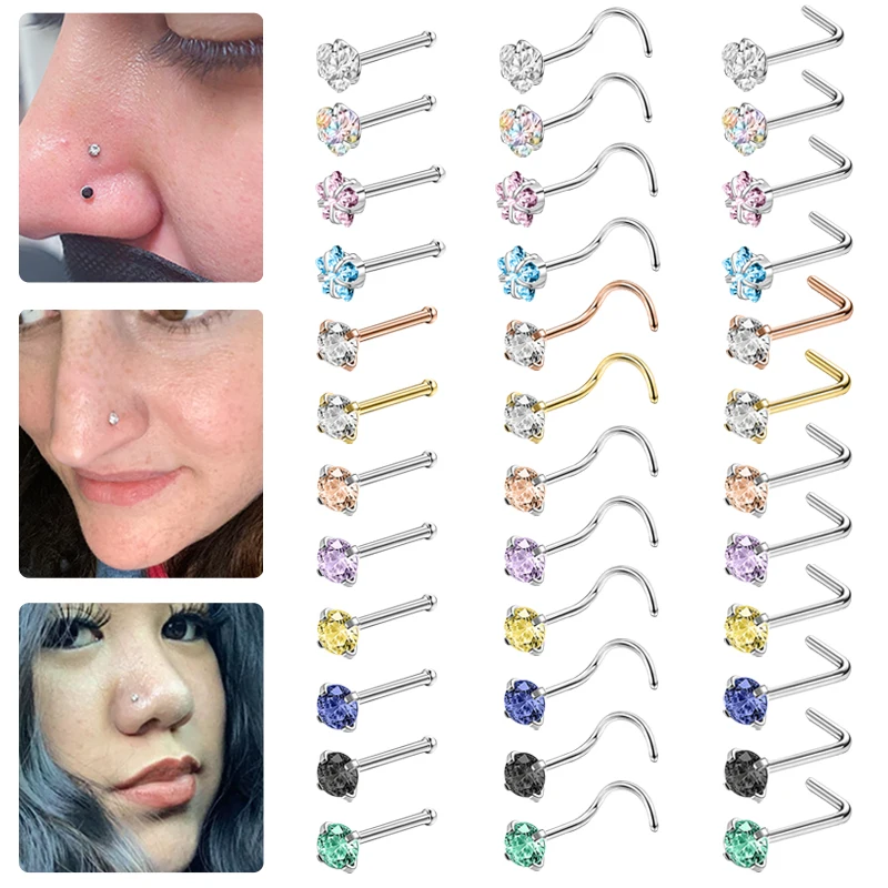 AOEDEJ 1 Piece CZ Crystal Nose Stud 20g L/I/S Shape 316L Stainless Steel Nostril Piercings Heart Star Gems Nose Piercing Jewelry