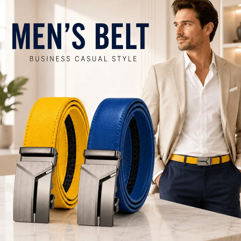 Men's Automatic Ratchet Belt Yellow Blue PU Leather, 3.5cm Adjustable Perforated Dress Belt, Business Casual Waistband for Jeans