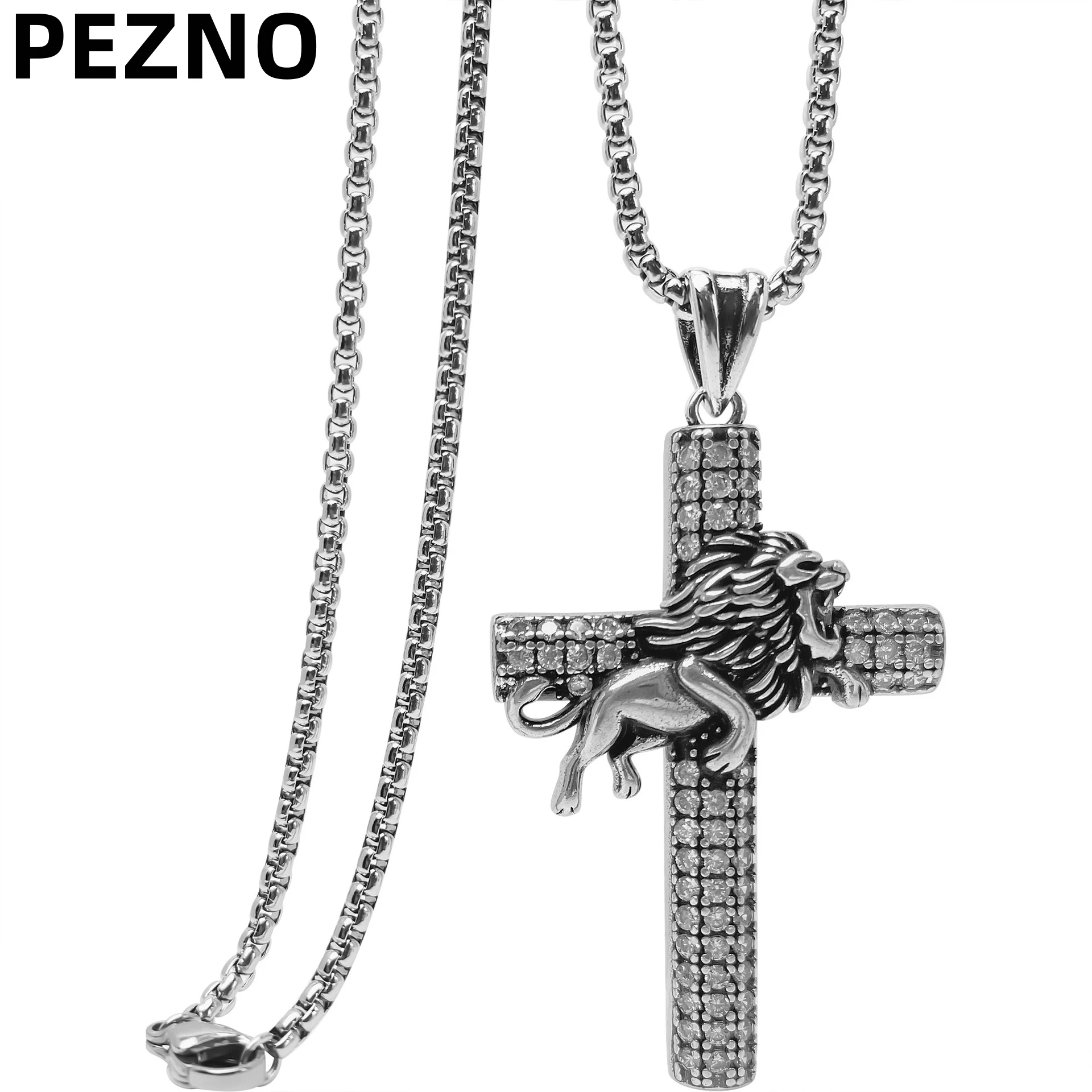 

PEZNO Men's Gothic 3D Lion Cross Necklace | Stainless Steel Cubic Zirconia Pendant | Jewelry Gift