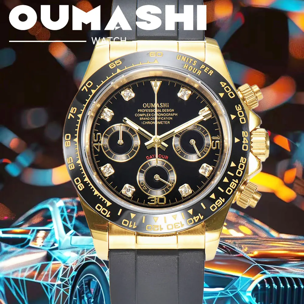 39.5mm  gold custom men's watch, sapphire glass VK63 movement quartz multi-functional chronograph business men's watch