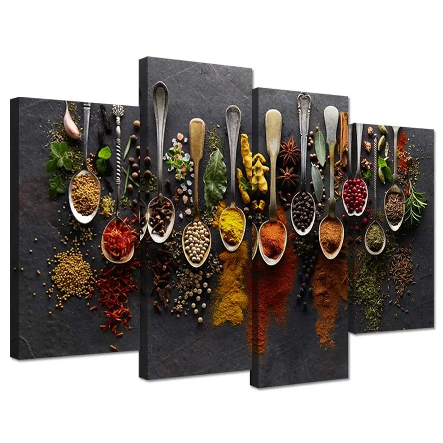 

Kitchen Pictures Wall Decor 4 Pieces Couful Spice in Spoon Vintage Canvas Wall Art Food Photos Painting On Canvas Stretched Fram