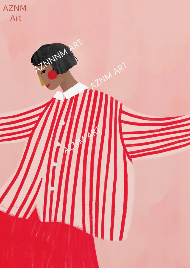 Red & Pink Striped Women Canvas Prints Minimalist Lines Smallest Portrait Illustration Art Posters for Living Room Home Decor