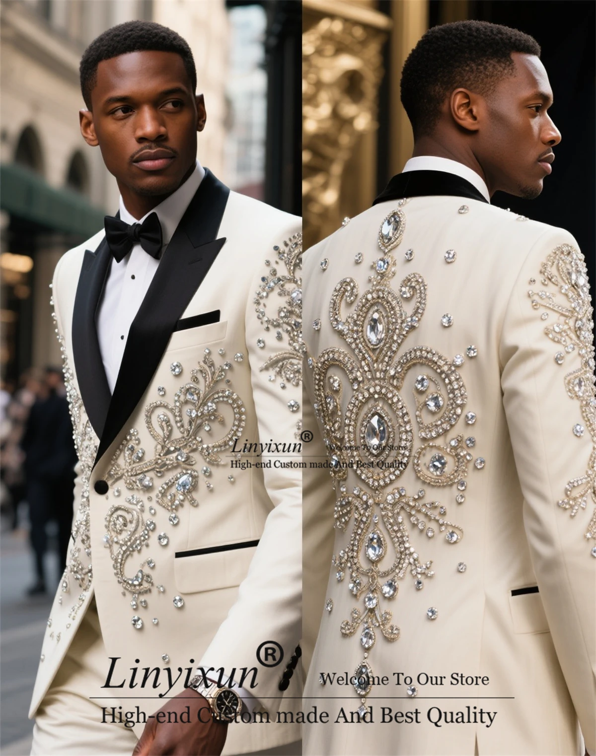 

High End Gem Crystals Men Suit Customized Peaked Lapel Wedding Tuxedos 2 Pieces Sets Groom Male Blazers Slim Fit Ropa hombre