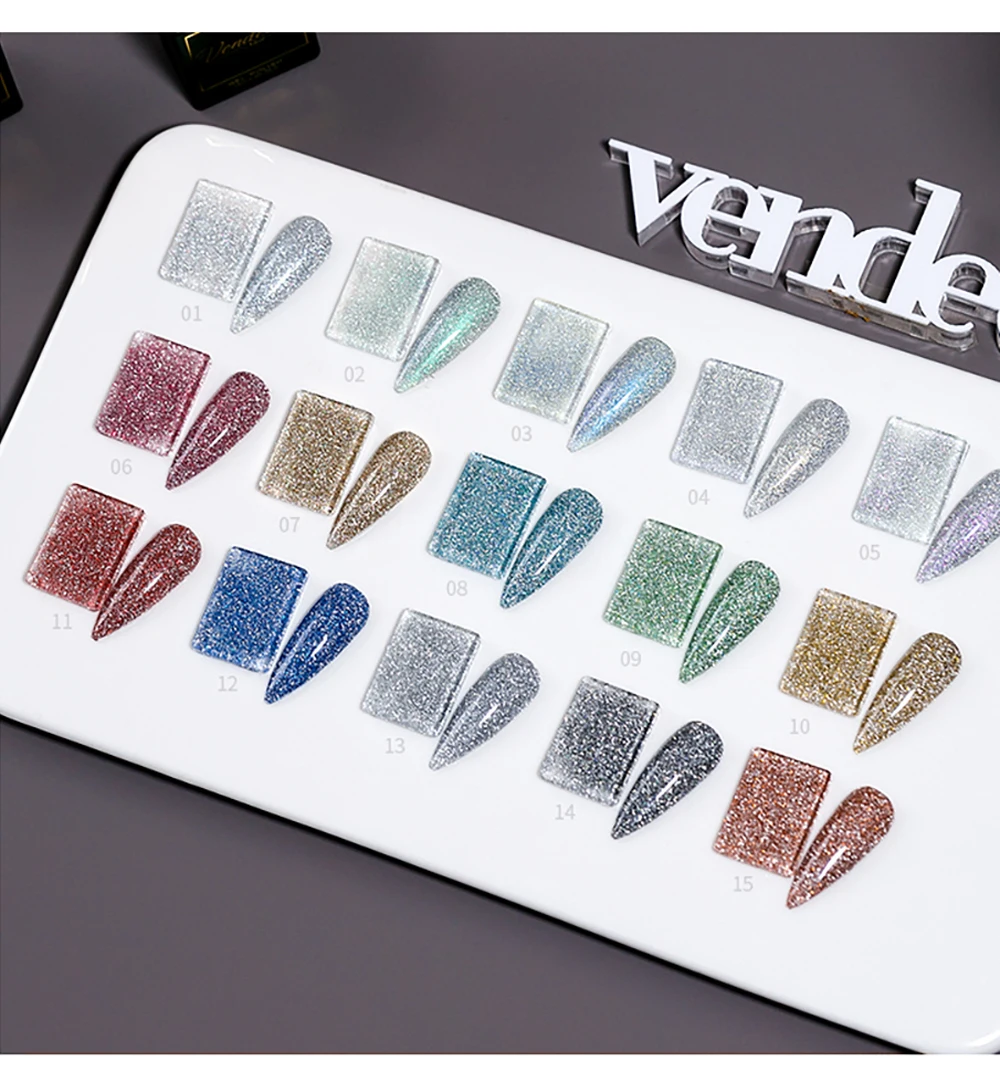 Vendeeni 15 Farben/Set Glitzer-Broken-Diamond-Gel-Nagellack, semi-permanenter Flash-Laser-UV-Soak-Off-Gel-Lack mit Display – Detail 11