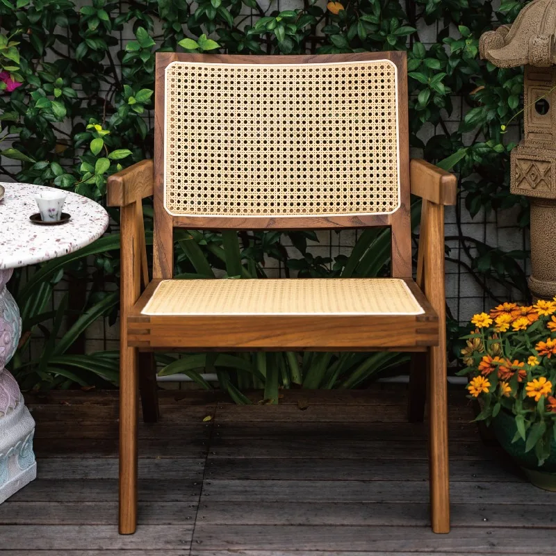 

Outdoor Chair Wabi Silent Wind Chinese Rattan Chair Backrest Dining Retro Rattan Teak Solid Wood Chair