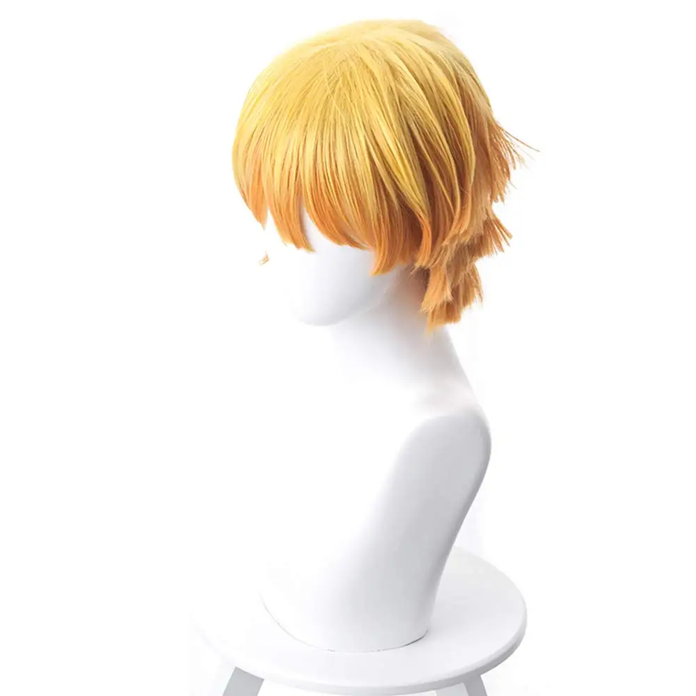 QQXCAIW أنيمي شيطان القاتل تأثيري الباروكات Agatsuma Zenitsu قصيرة شقراء أصفر برتقالي مقاومة للحرارة الاصطناعية خصلات الشعر المستعار