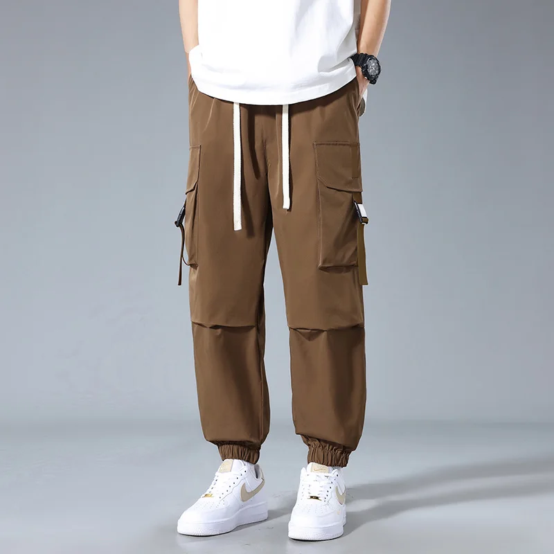 Spring Autumn Men's Clothing Elastic High Waisted Solid Color Pockets Casual Cargo Bloomers Trousers Boyfriend All-match Pants