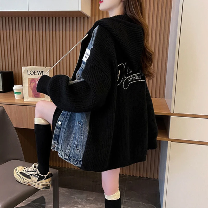 Denim Knitted Spliced Hooded Jackets Coats Fall Winter Warm Streetwear Chaquetas Vintage Casaco Korea Loose Casual Women Jaqueta