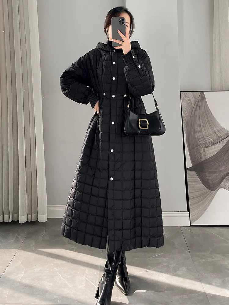 Solid color hooded plaid extra long knee length jacket women lightweight and fashionable winter new versatile down jacket