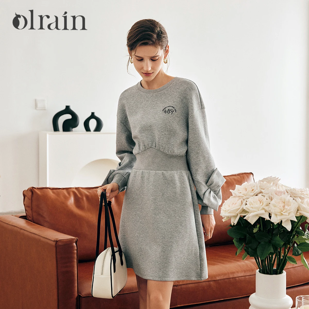 

OLrain Grey Mini Dresses Women 2025 Spring A-line Embroidery Irregular Bow Elastic Waist Crewneck Commute Short Dress N56QL68521