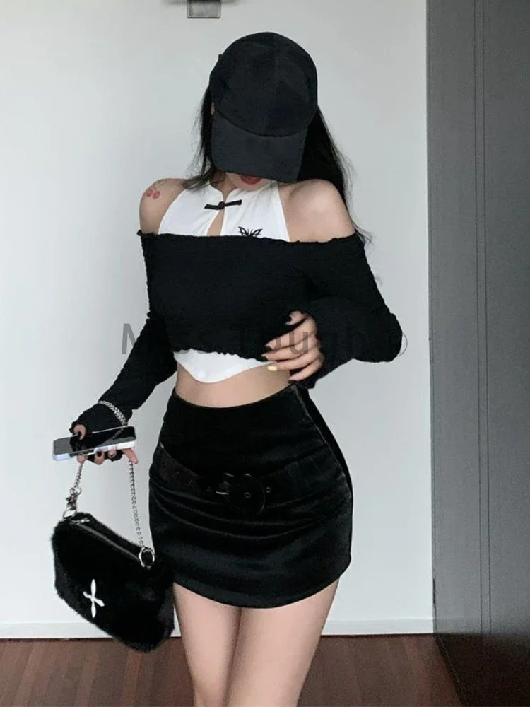 Off Shoulder Sexy Fake Two Piece T-Shirts Women Y2K Elegant New Chinese Style Tops Korean Slim Long Sleeve Casual Chic Tees 2024