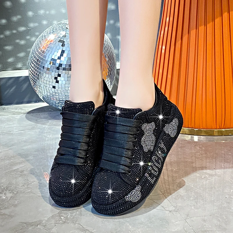 5CM Spring Autumn Genuine Leather Women Shoes Style Fashion Platform Shoes Platforms Sneakers Tide Shine Bling Rhinestone Shoes