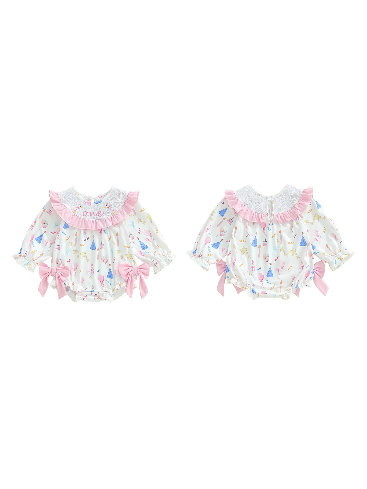 

Toddler Girls Birthday Romper with Cute Bow and Balloon Print Adorable Letter Embroidery Long Sleeve Ruffled Round Neck