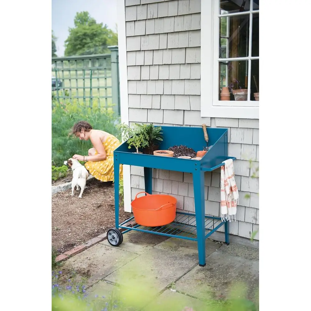 Demeter Metal Potting Bench with Wheels | Heavy Duty Outdoor Garden Work Table Workbench Workstation with Side Metal Sidewalls | - view 6