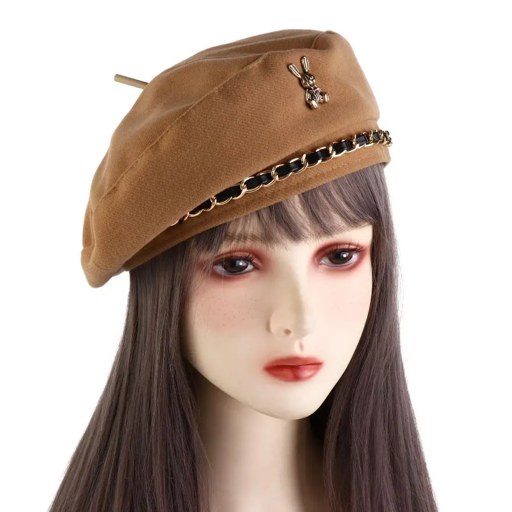 

Metal Chain Girl Beanie Hat Rabbit Pattern Polyester Korean Style Hat Winter Autumn Beret Fashion Painter Hat Women Beret