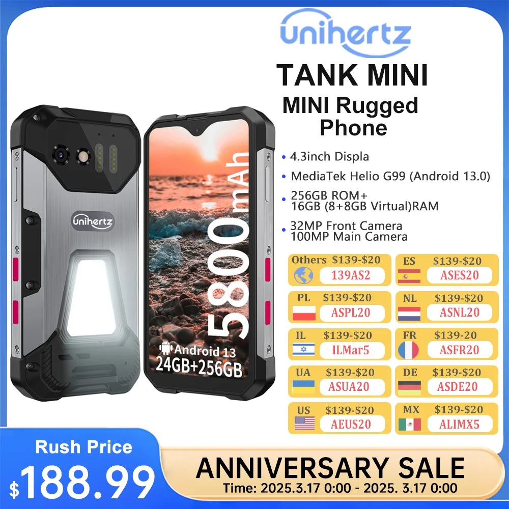 Unihertz 8849 Mini Rugged Smartphone,Small 4G,Outdoor,16 GB,24GB RAM,256GB ROM, 5800mAh, Android 13 Phone,Dual Sim,100MP Camera