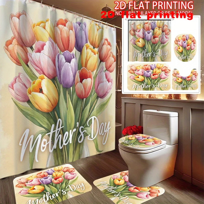

Набор из 4 предметов: Декоративная шторка для душа с тюльпанами ко Дню матери, нескользящий коврик для ванной, накладка на крышку унитаза с крючками, праздничный декор для дома