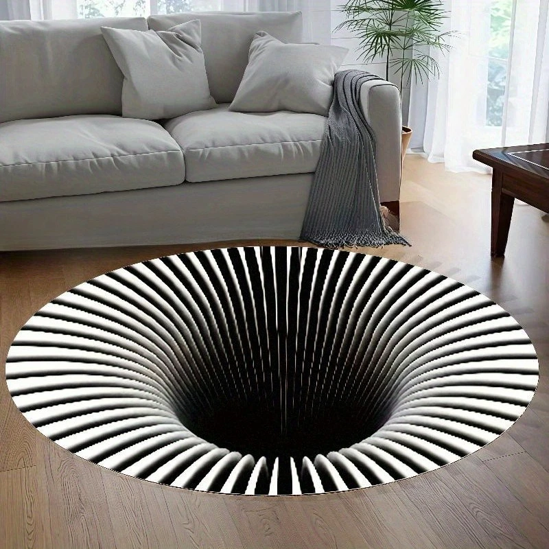 Black White Abstract Wave Line Round Rug  Minimalist Geometric Circular Mat Non Slip Floor Carpet Living Room Decor