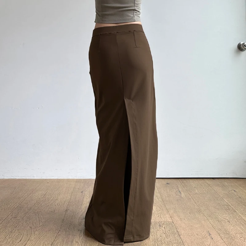 IAMHOTTY Knit Slim Solid Color One-Piece Slit Long Skirt Brown Chic Elegant Vintage Straight Maxi Skirts Grunge Streetwear 2023