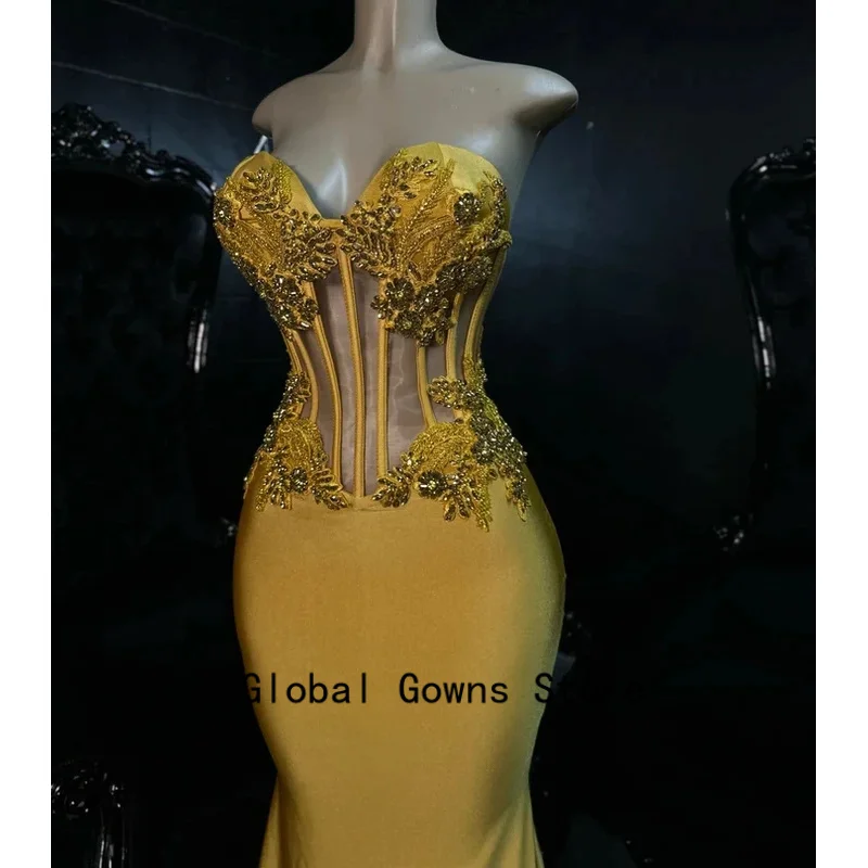 Gold Long Prom Dresses For Black Girls Sweetheart Beaded American African Evening Gowns Birthday Party Robe Customized